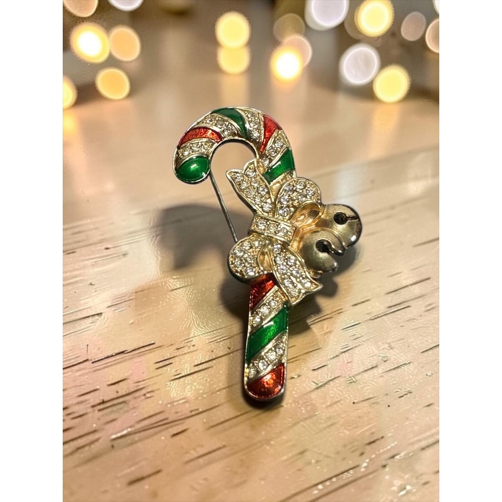 Candy Cane Brooch Red Green Rhinestone Gold‎ Tone Enamel Bell